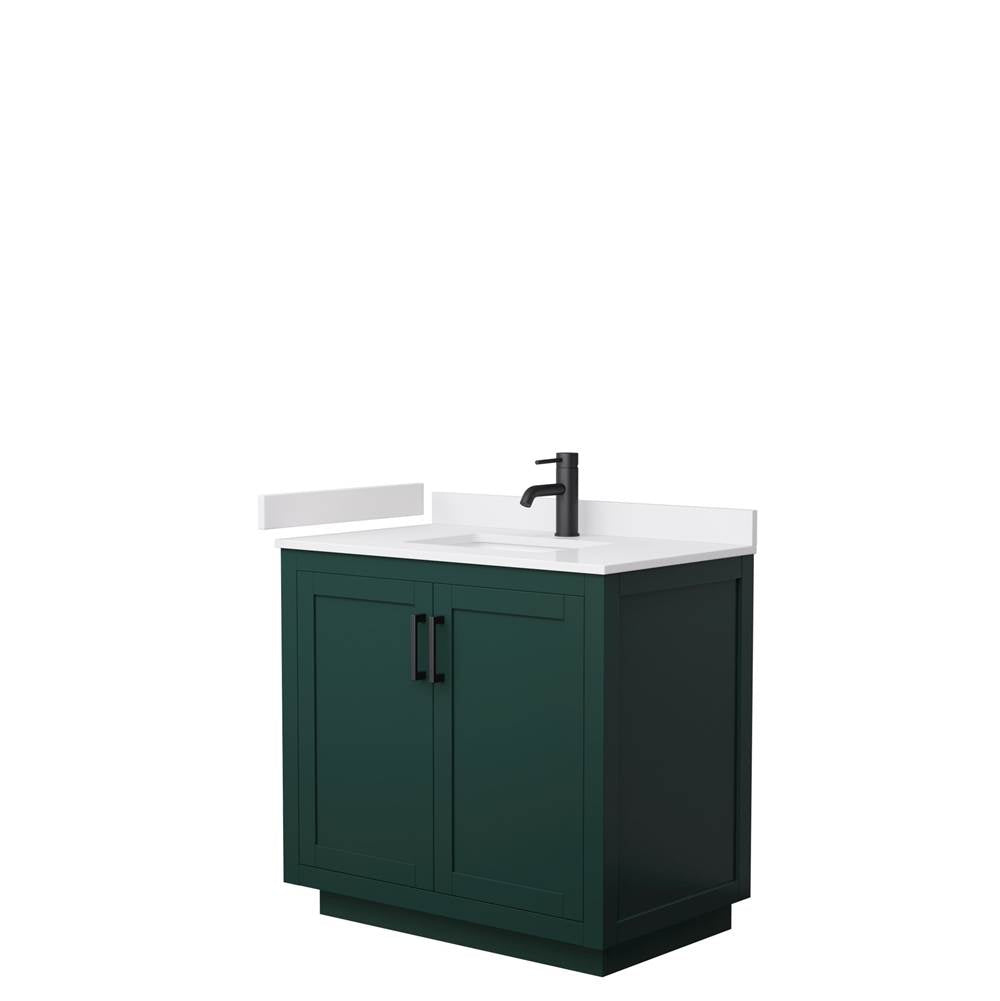 Wyndham Collection - Miranda 36 Inch Single Bathroom Vanity in Green, White Cultured Marble Countertop, Undermount Square Sink, Matte Black Trim