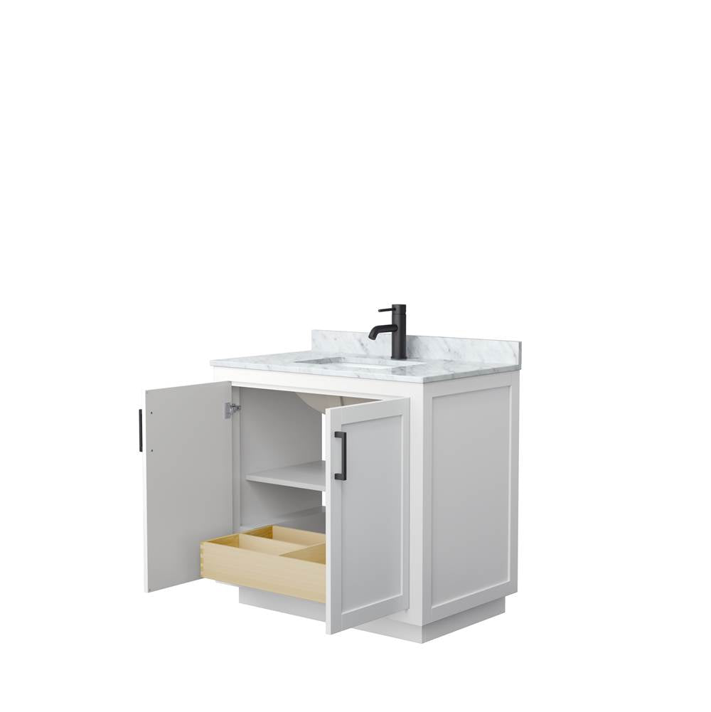 Miranda 36 Inch Single Bathroom Vanity in White, White Carrara Marble Countertop, Undermount Square Sink, Matte Black Trim