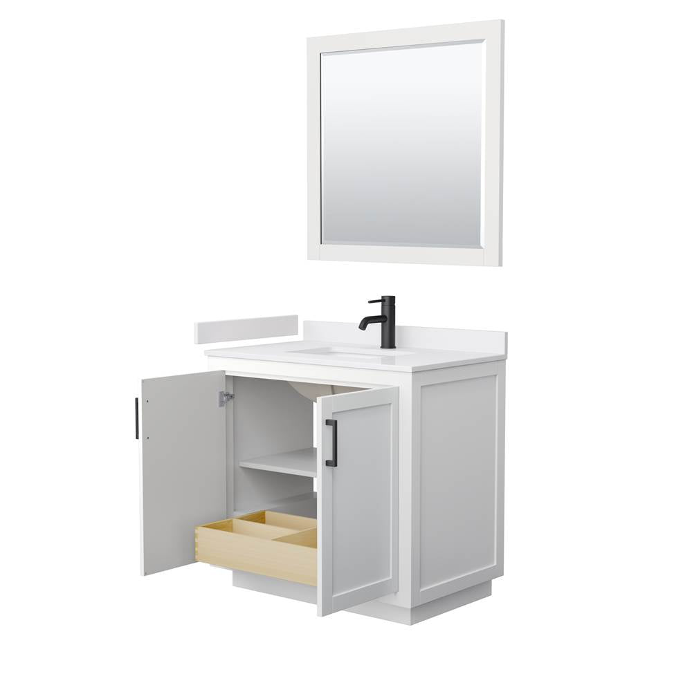 Miranda 36 Inch Single Bathroom Vanity in White, White Cultured Marble Countertop, Undermount Square Sink, Matte Black Trim, 34 Inch Mirror