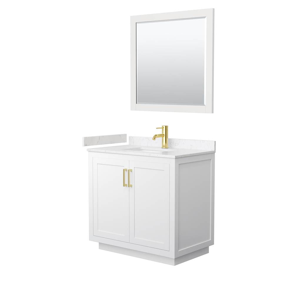 Wyndham Collection - Miranda 36 Inch Single Bathroom Vanity in White, Carrara Cultured Marble Countertop, Undermount Square Sink, Brushed Gold Trim, 34 Inch Mirror