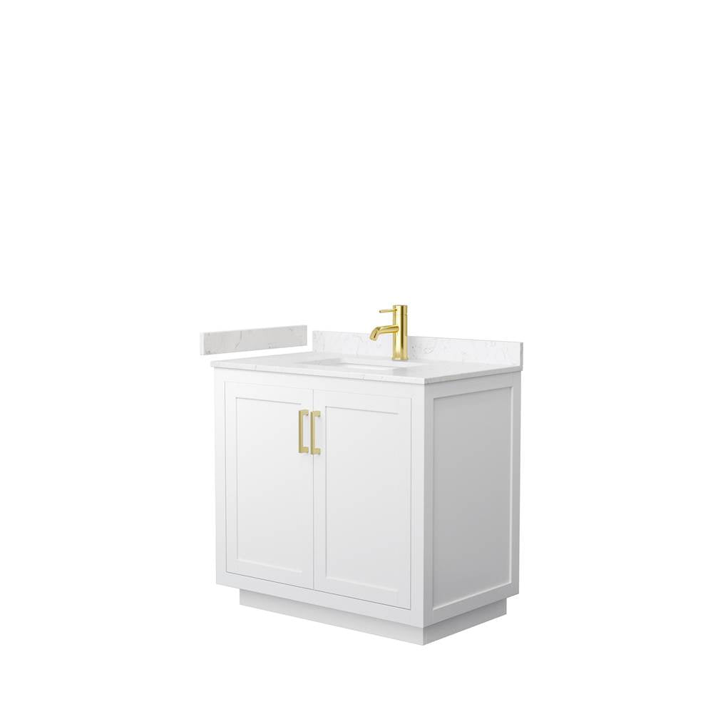 Wyndham Collection - Miranda 36 Inch Single Bathroom Vanity in White, Carrara Cultured Marble Countertop, Undermount Square Sink, Brushed Gold Trim