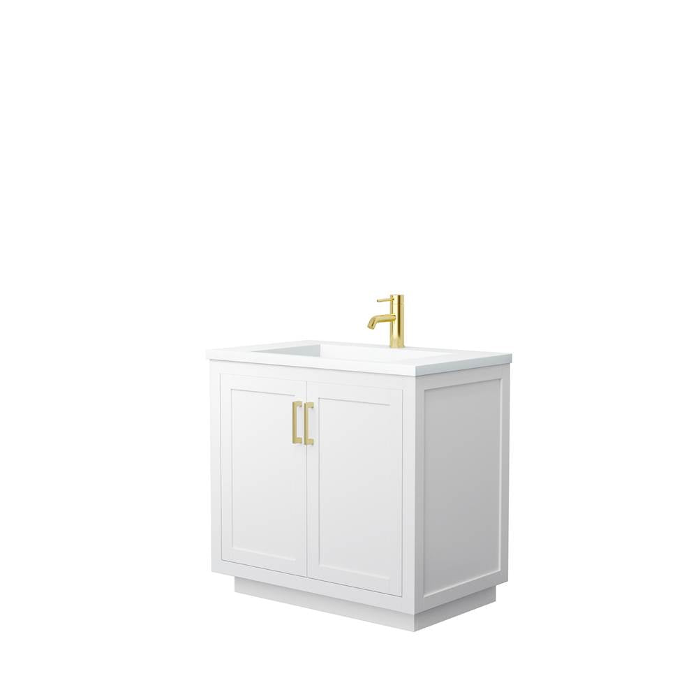 Wyndham Collection - Miranda 36 Inch Single Bathroom Vanity in White, 1.25 Inch Thick Matte White Solid Surface Countertop, Integrated Sink, Brushed Gold Trim