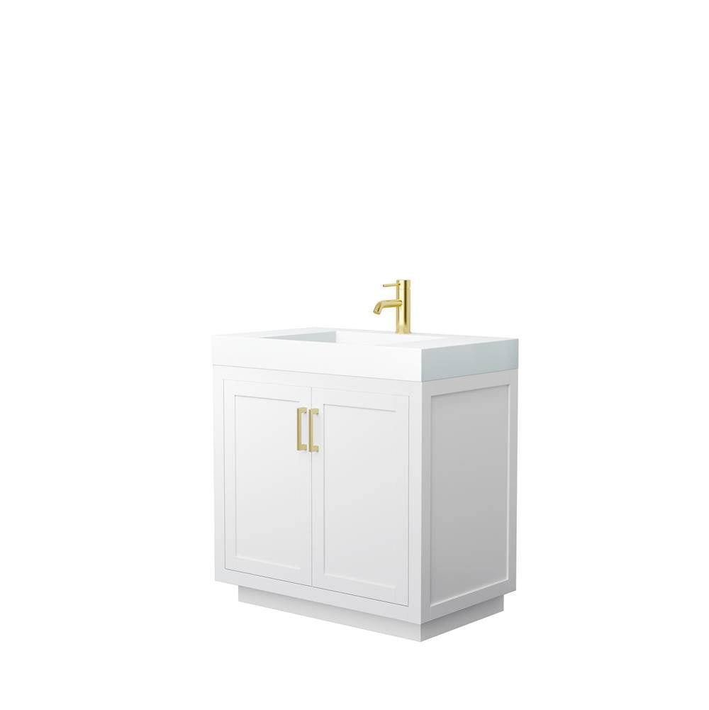Wyndham Collection - Miranda 36 Inch Single Bathroom Vanity in White, 4 Inch Thick Matte White Solid Surface Countertop, Integrated Sink, Brushed Gold Trim