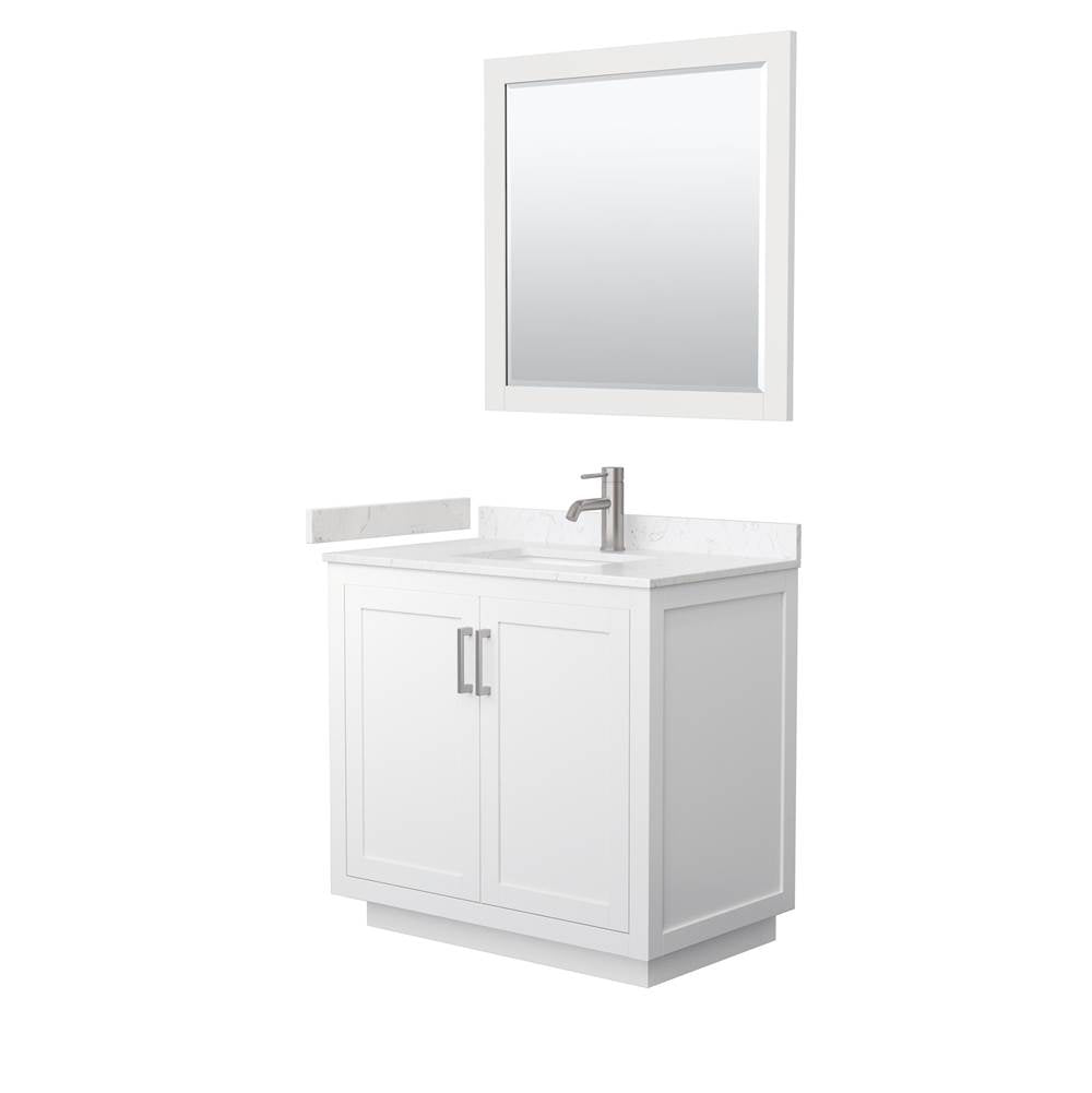 Wyndham Collection - Miranda 36 Inch Single Bathroom Vanity in White, Carrara Cultured Marble Countertop, Undermount Square Sink, Brushed Nickel Trim, 34 Inch Mirror