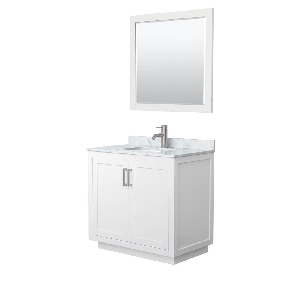 Wyndham Collection - Miranda 36 Inch Single Bathroom Vanity in White, White Carrara Marble Countertop, Undermount Square Sink, Brushed Nickel Trim, 34 Inch Mirror
