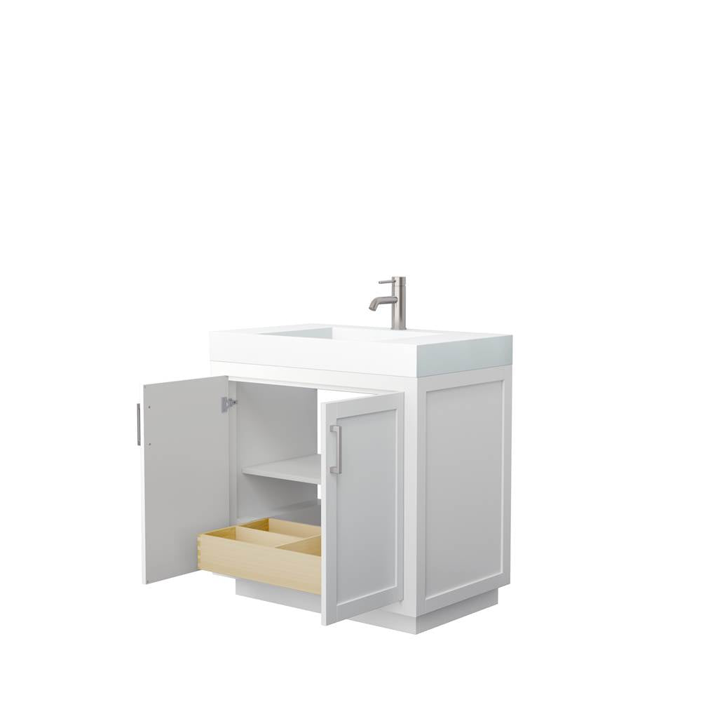 Miranda 36 Inch Single Bathroom Vanity in White, 4 Inch Thick Matte White Solid Surface Countertop, Integrated Sink, Brushed Nickel Trim