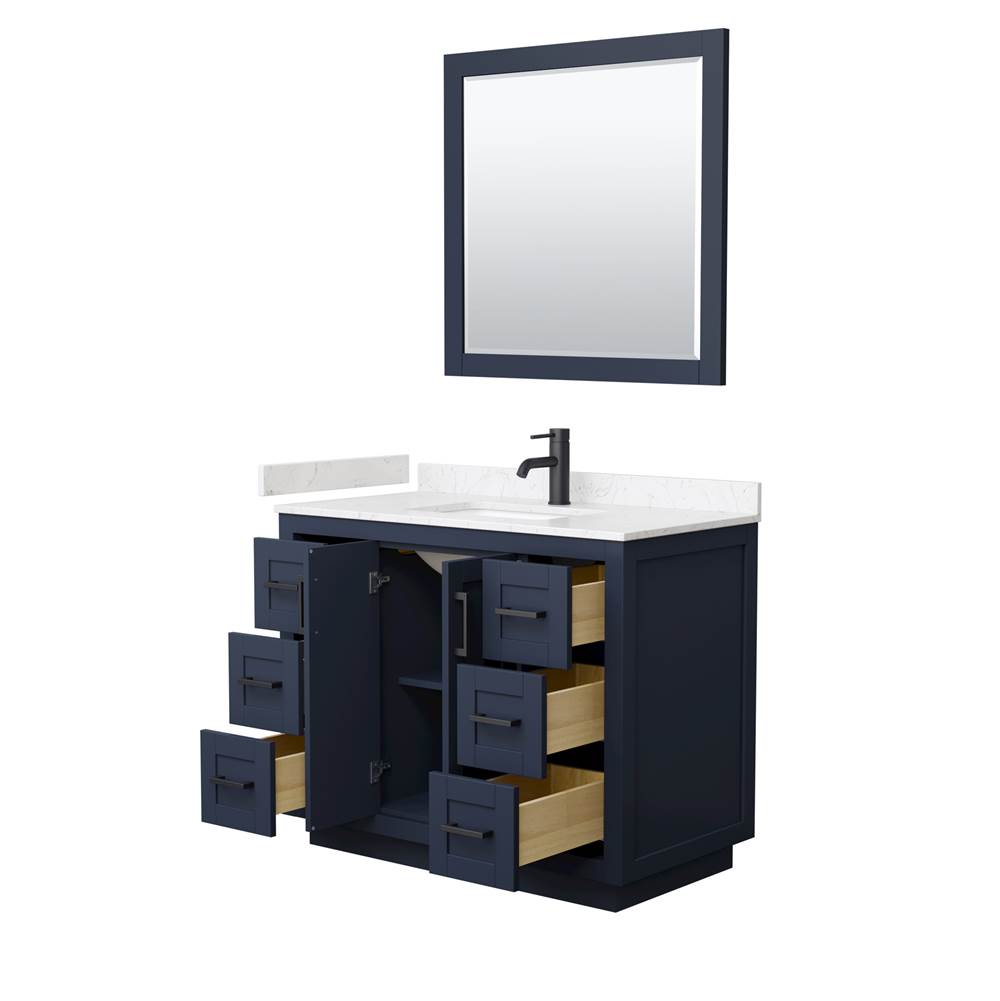 Miranda 42 Inch Single Bathroom Vanity in Dark Blue, Carrara Cultured Marble Countertop, Undermount Square Sink, Matte Black Trim, 34 Inch Mirror