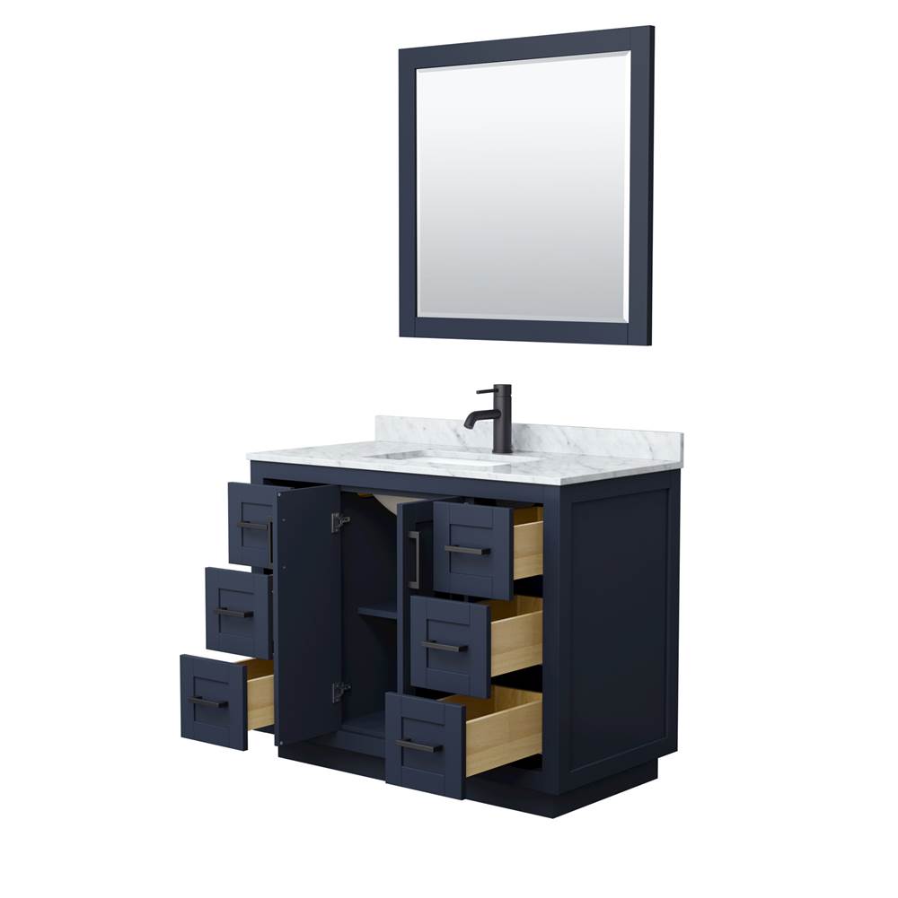 Miranda 42 Inch Single Bathroom Vanity in Dark Blue, White Carrara Marble Countertop, Undermount Square Sink, Matte Black Trim, 34 Inch Mirror
