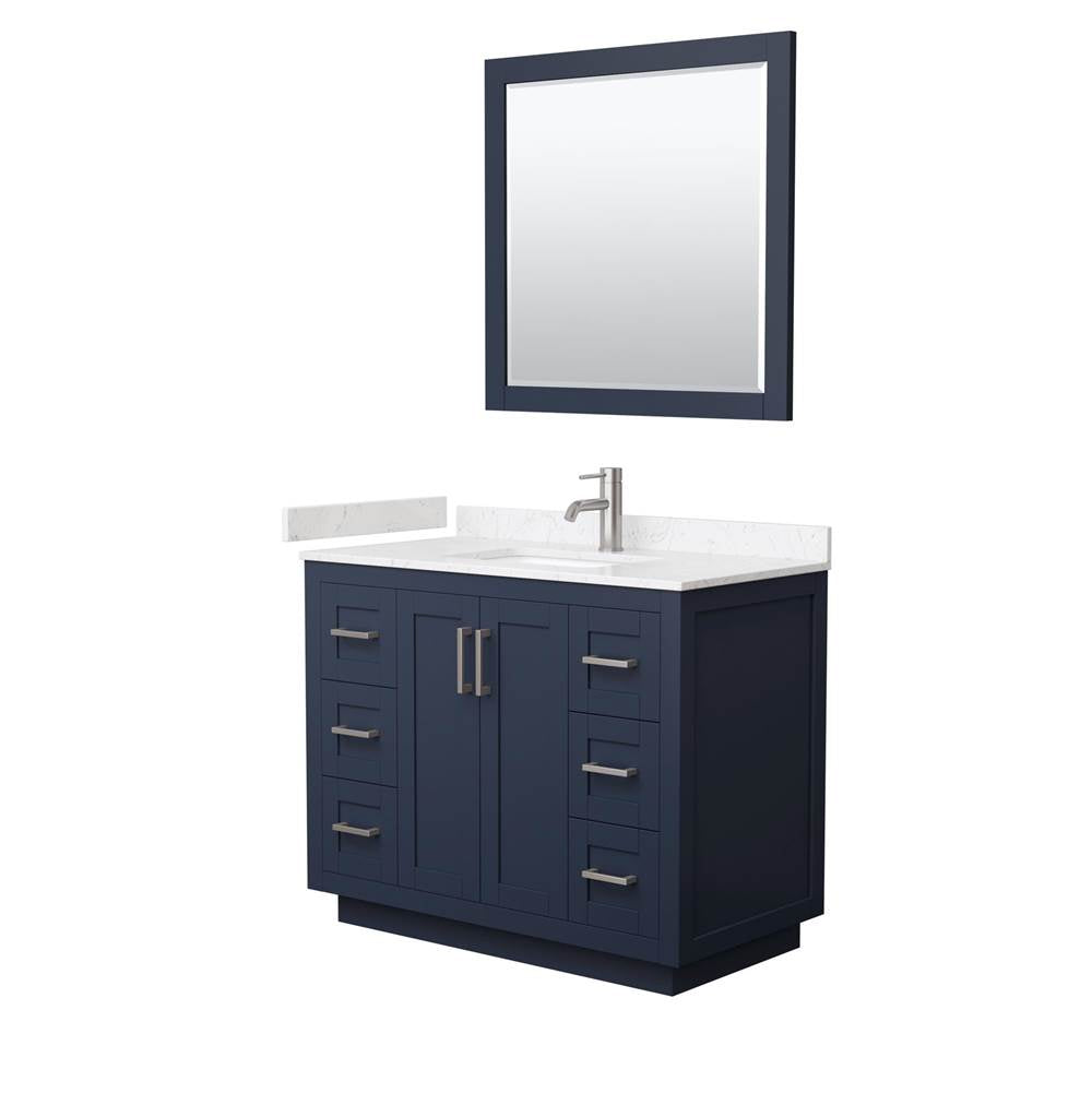 Wyndham Collection - Miranda 42 Inch Single Bathroom Vanity in Dark Blue, Carrara Cultured Marble Countertop, Undermount Square Sink, Brushed Nickel Trim, 34 Inch Mirror