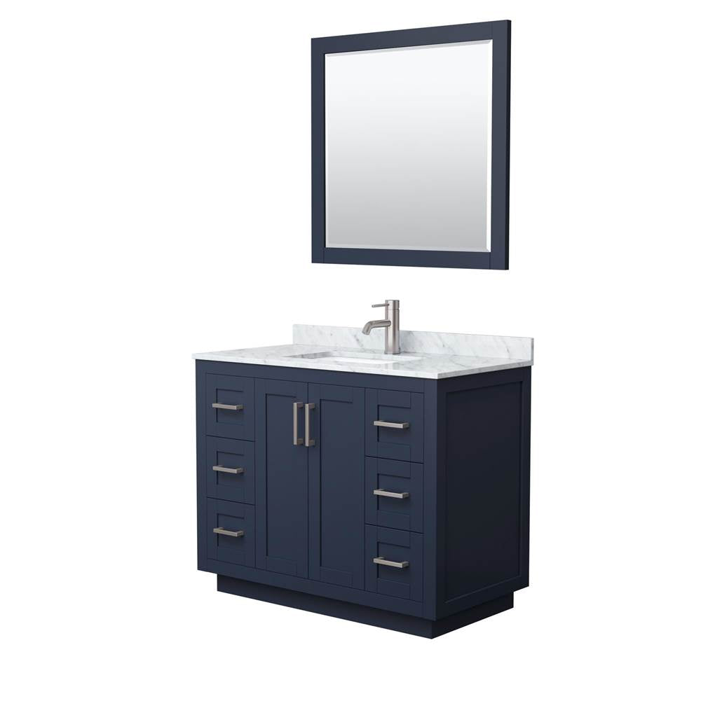 Wyndham Collection - Miranda 42 Inch Single Bathroom Vanity in Dark Blue, White Carrara Marble Countertop, Undermount Square Sink, Brushed Nickel Trim, 34 Inch Mirror