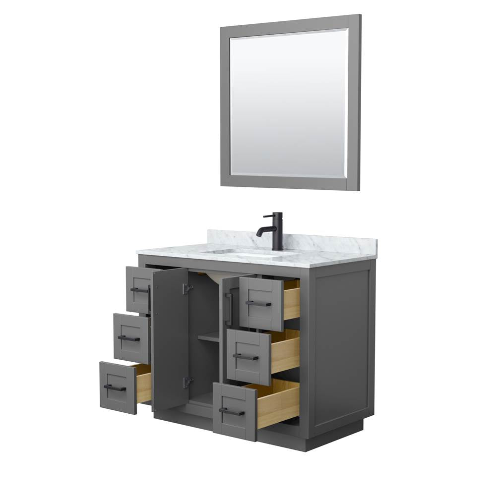 Miranda 42 Inch Single Bathroom Vanity in Dark Gray, White Carrara Marble Countertop, Undermount Square Sink, Matte Black Trim, 34 Inch Mirror