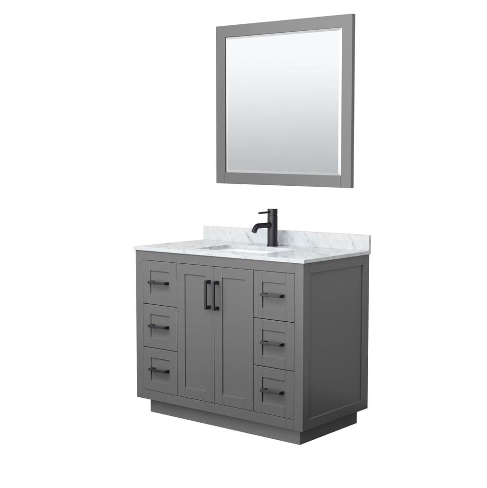 Wyndham Collection - Miranda 42 Inch Single Bathroom Vanity in Dark Gray, White Carrara Marble Countertop, Undermount Square Sink, Matte Black Trim, 34 Inch Mirror