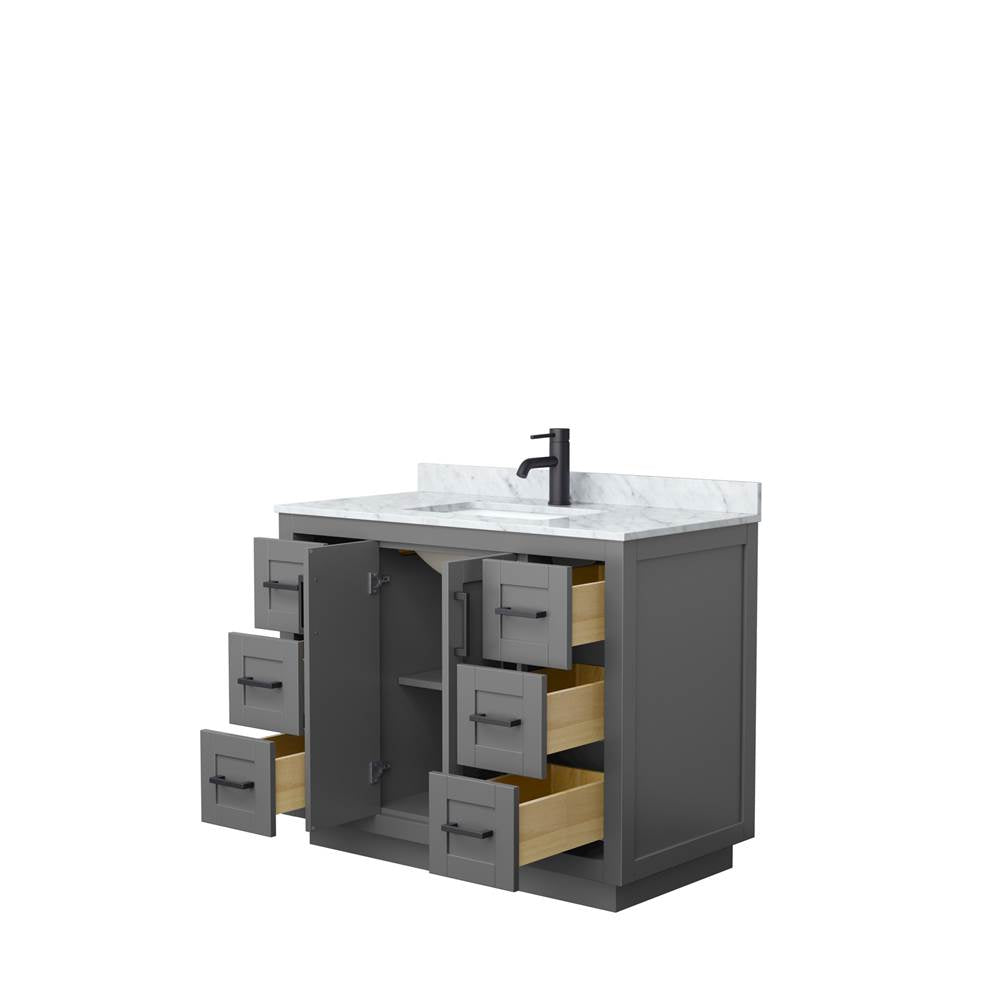 Miranda 42 Inch Single Bathroom Vanity in Dark Gray, White Carrara Marble Countertop, Undermount Square Sink, Matte Black Trim