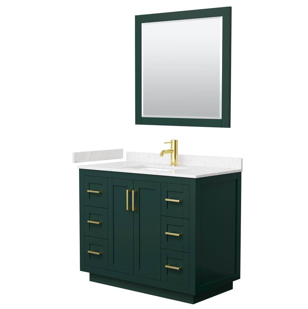 Wyndham Collection - Miranda 42 Inch Single Bathroom Vanity in Green, Carrara Cultured Marble Countertop, Undermount Square Sink, Brushed Gold Trim, 34 Inch Mirror
