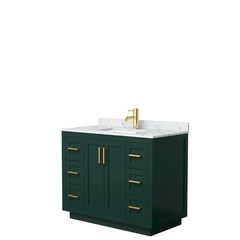 Wyndham Collection - Miranda 42 Inch Single Bathroom Vanity in Green, White Carrara Marble Countertop, Undermount Square Sink, Brushed Gold Trim