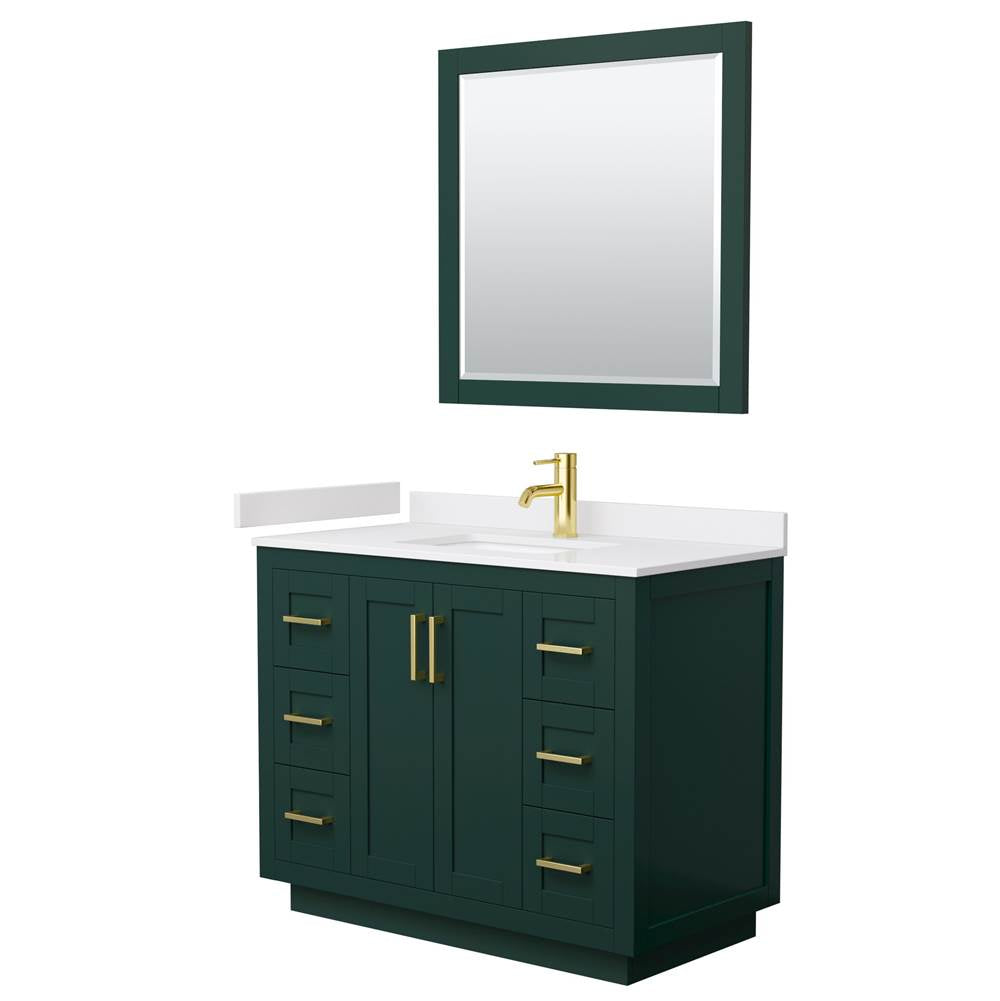 Wyndham Collection - Miranda 42 Inch Single Bathroom Vanity in Green, White Cultured Marble Countertop, Undermount Square Sink, Brushed Gold Trim, 34 Inch Mirror