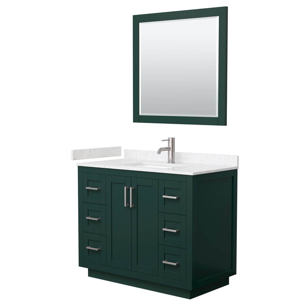 Wyndham Collection - Miranda 42 Inch Single Bathroom Vanity in Green, Carrara Cultured Marble Countertop, Undermount Square Sink, Brushed Nickel Trim, 34 Inch Mirror