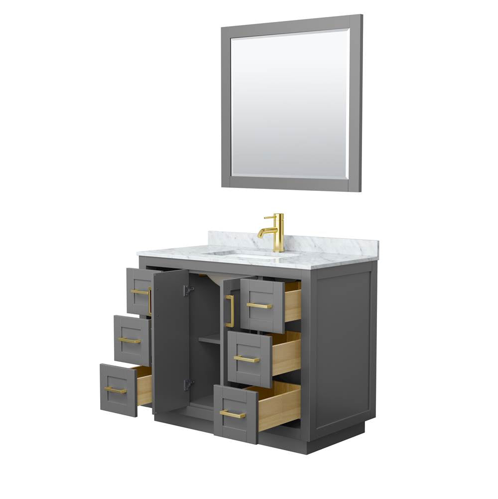 Miranda 42 Inch Single Bathroom Vanity in Dark Gray, White Carrara Marble Countertop, Undermount Square Sink, Brushed Gold Trim, 34 Inch Mirror