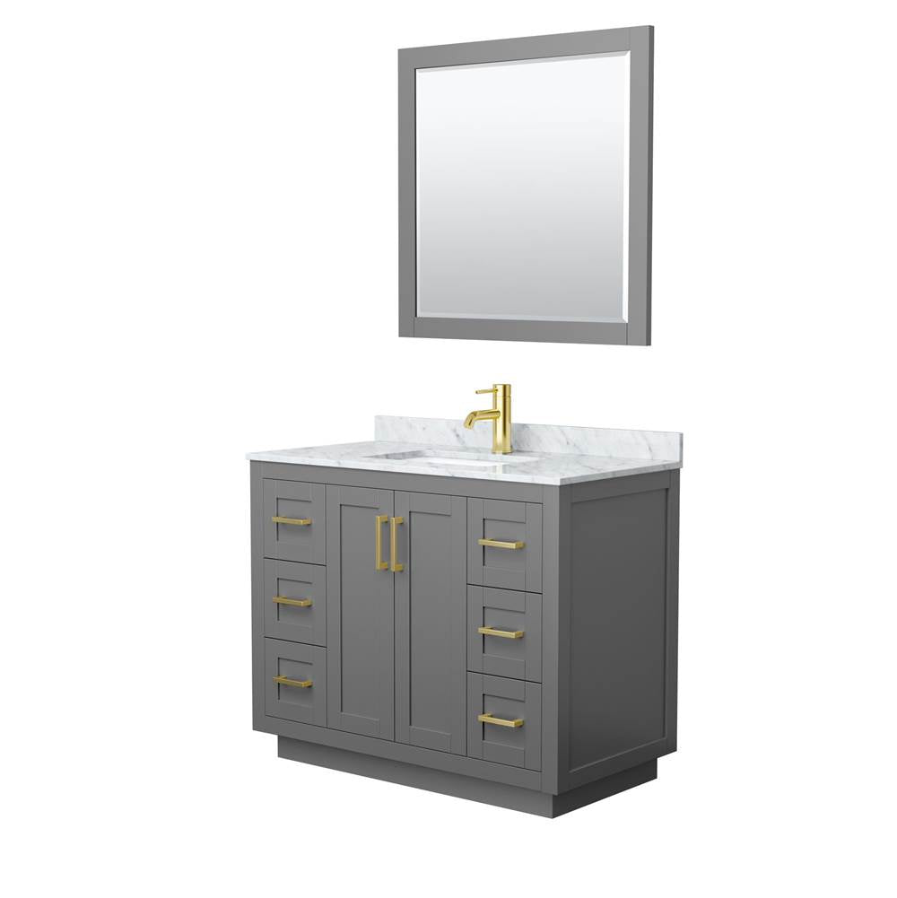Wyndham Collection - Miranda 42 Inch Single Bathroom Vanity in Dark Gray, White Carrara Marble Countertop, Undermount Square Sink, Brushed Gold Trim, 34 Inch Mirror