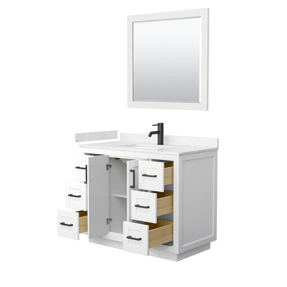 Miranda 42 Inch Single Bathroom Vanity in White, Carrara Cultured Marble Countertop, Undermount Square Sink, Matte Black Trim, 34 Inch Mirror