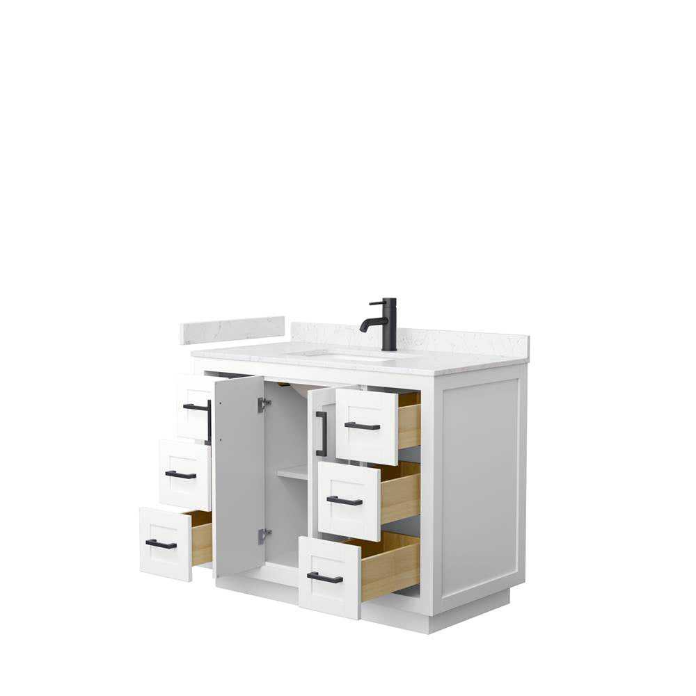 Miranda 42 Inch Single Bathroom Vanity in White, Carrara Cultured Marble Countertop, Undermount Square Sink, Matte Black Trim
