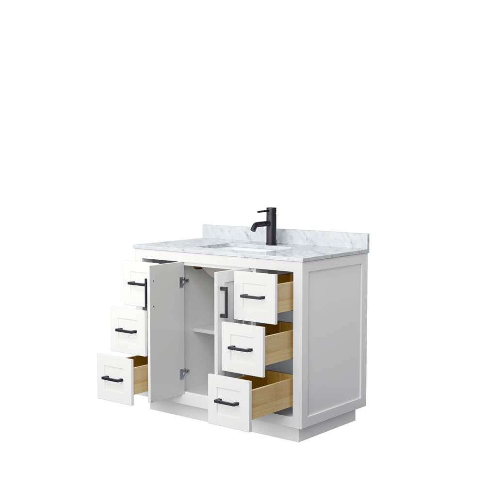 Miranda 42 Inch Single Bathroom Vanity in White, White Carrara Marble Countertop, Undermount Square Sink, Matte Black Trim