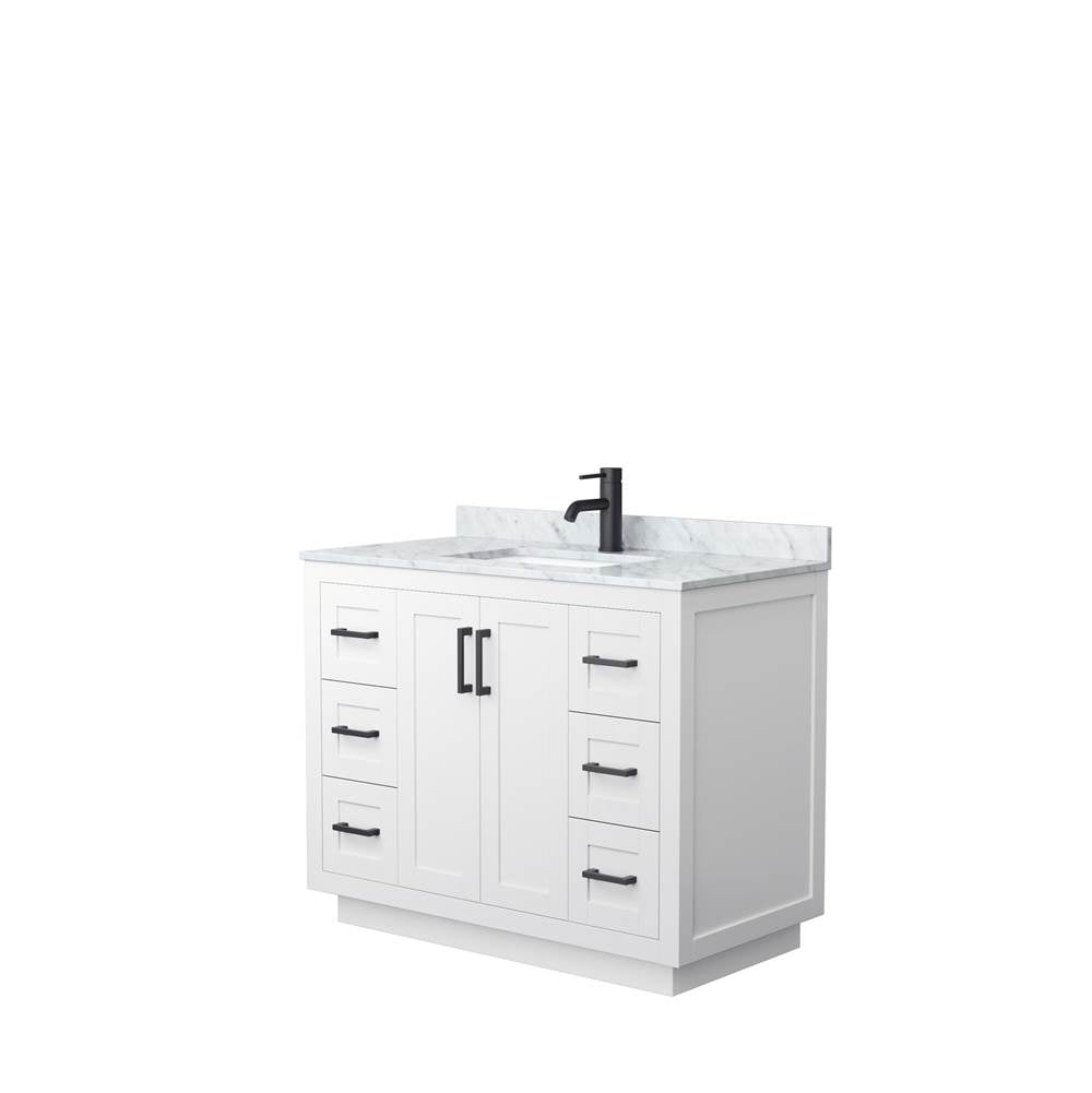 Wyndham Collection - Miranda 42 Inch Single Bathroom Vanity in White, White Carrara Marble Countertop, Undermount Square Sink, Matte Black Trim