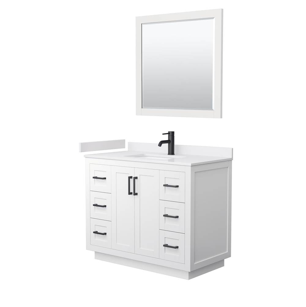 Wyndham Collection - Miranda 42 Inch Single Bathroom Vanity in White, White Cultured Marble Countertop, Undermount Square Sink, Matte Black Trim, 34 Inch Mirror