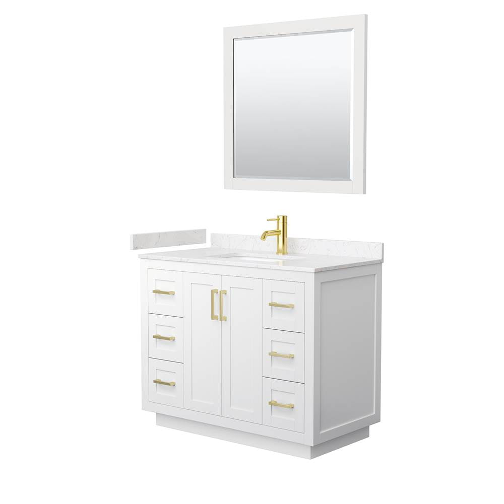 Wyndham Collection - Miranda 42 Inch Single Bathroom Vanity in White, Carrara Cultured Marble Countertop, Undermount Square Sink, Brushed Gold Trim, 34 Inch Mirror