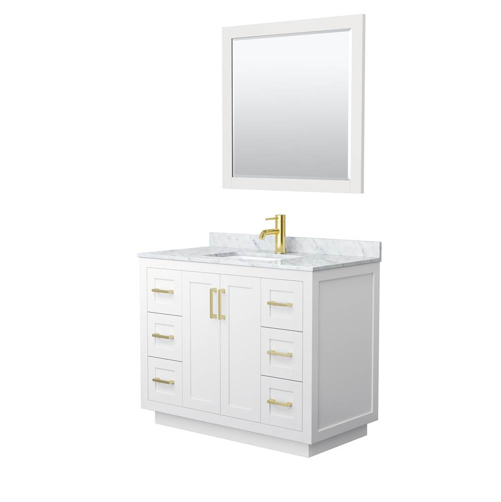 Wyndham Collection - Miranda 42 Inch Single Bathroom Vanity in White, White Carrara Marble Countertop, Undermount Square Sink, Brushed Gold Trim, 34 Inch Mirror