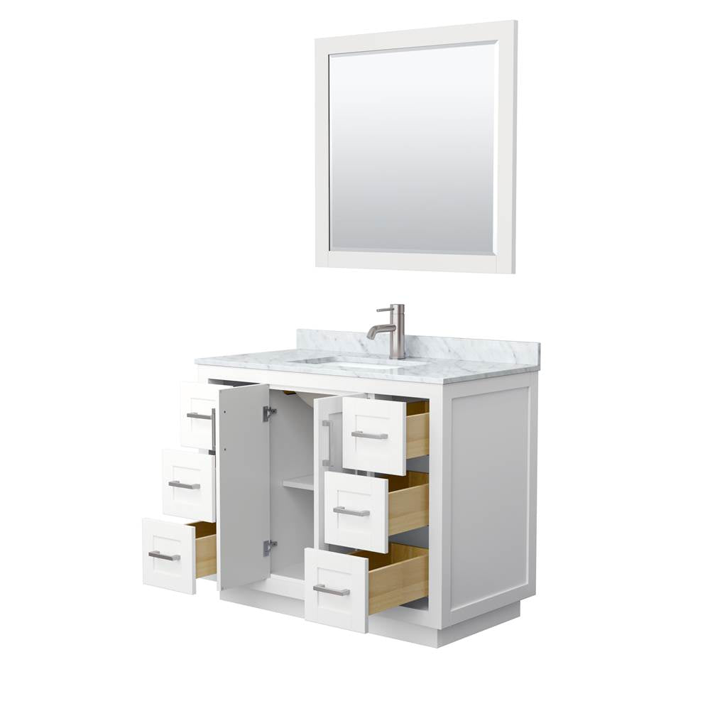 Miranda 42 Inch Single Bathroom Vanity in White, White Carrara Marble Countertop, Undermount Square Sink, Brushed Nickel Trim, 34 Inch Mirror