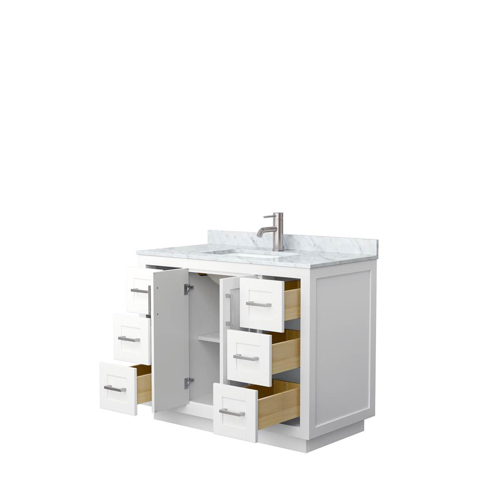 Miranda 42 Inch Single Bathroom Vanity in White, White Carrara Marble Countertop, Undermount Square Sink, Brushed Nickel Trim