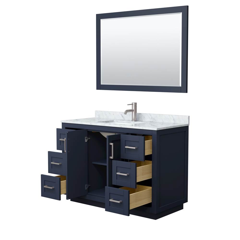 Miranda 48 Inch Single Bathroom Vanity in Dark Blue, White Carrara Marble Countertop, Undermount Square Sink, Brushed Nickel Trim, 46 Inch Mirror