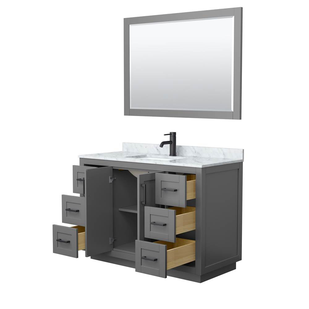 Miranda 48 Inch Single Bathroom Vanity in Dark Gray, White Carrara Marble Countertop, Undermount Square Sink, Matte Black Trim, 46 Inch Mirror
