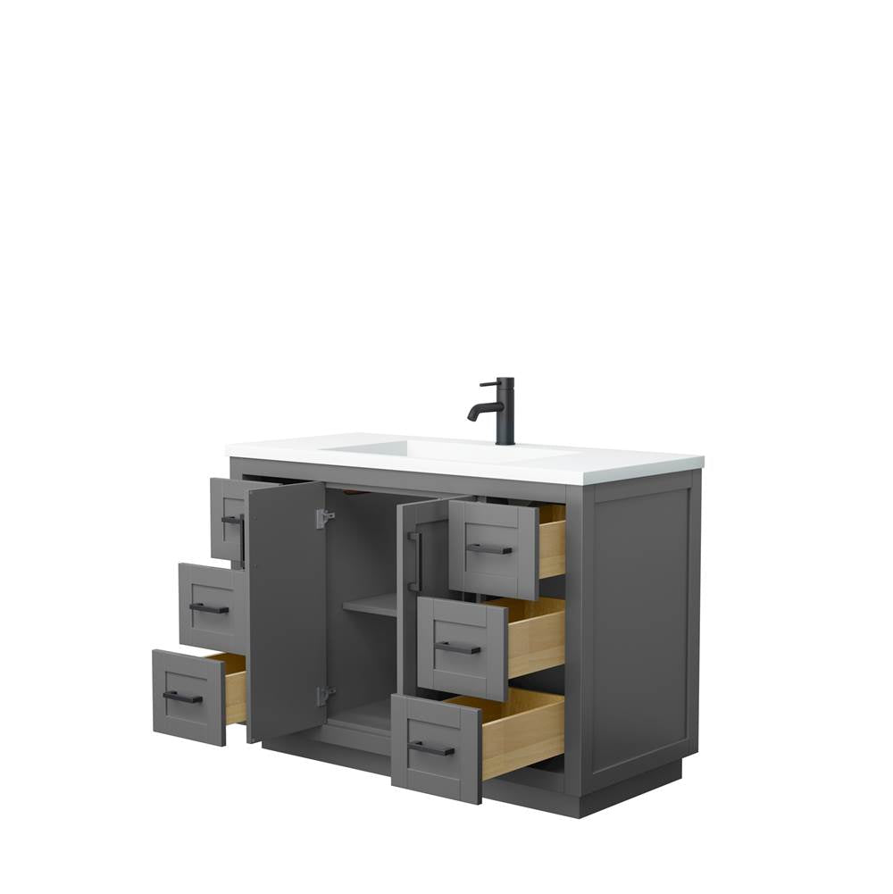Miranda 48 Inch Single Bathroom Vanity in Dark Gray, 1.25 Inch Thick Matte White Solid Surface Countertop, Integrated Sink, Matte Black Trim