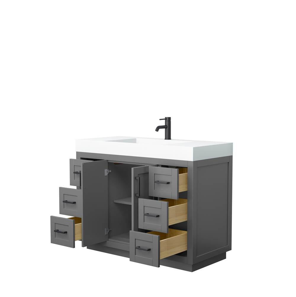 Miranda 48 Inch Single Bathroom Vanity in Dark Gray, 4 Inch Thick Matte White Solid Surface Countertop, Integrated Sink, Matte Black Trim