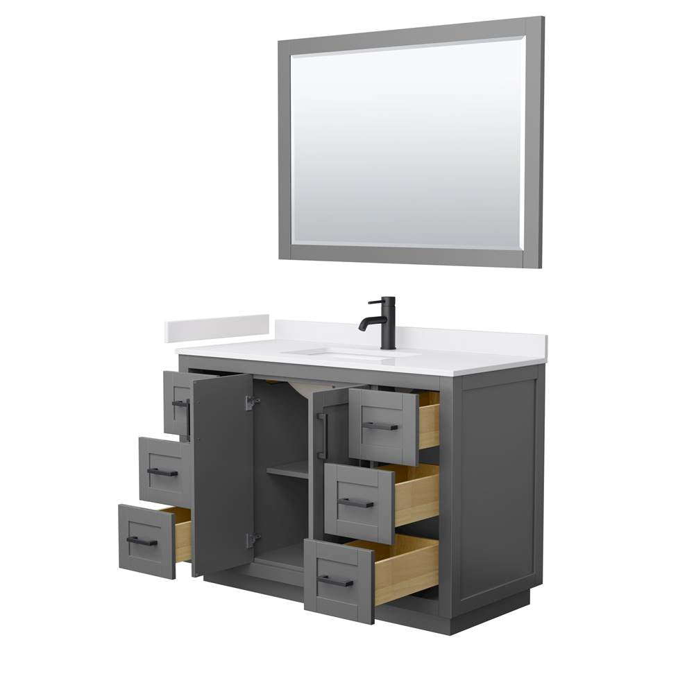Miranda 48 Inch Single Bathroom Vanity in Dark Gray, White Cultured Marble Countertop, Undermount Square Sink, Matte Black Trim, 46 Inch Mirror