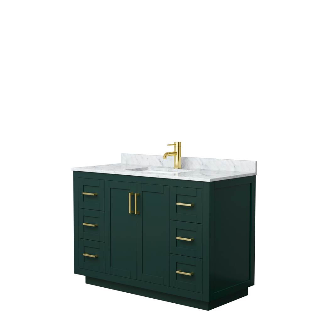 Wyndham Collection - Miranda 48 Inch Single Bathroom Vanity in Green, White Carrara Marble Countertop, Undermount Square Sink, Brushed Gold Trim