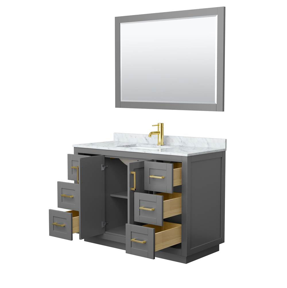 Miranda 48 Inch Single Bathroom Vanity in Dark Gray, White Carrara Marble Countertop, Undermount Square Sink, Brushed Gold Trim, 46 Inch Mirror