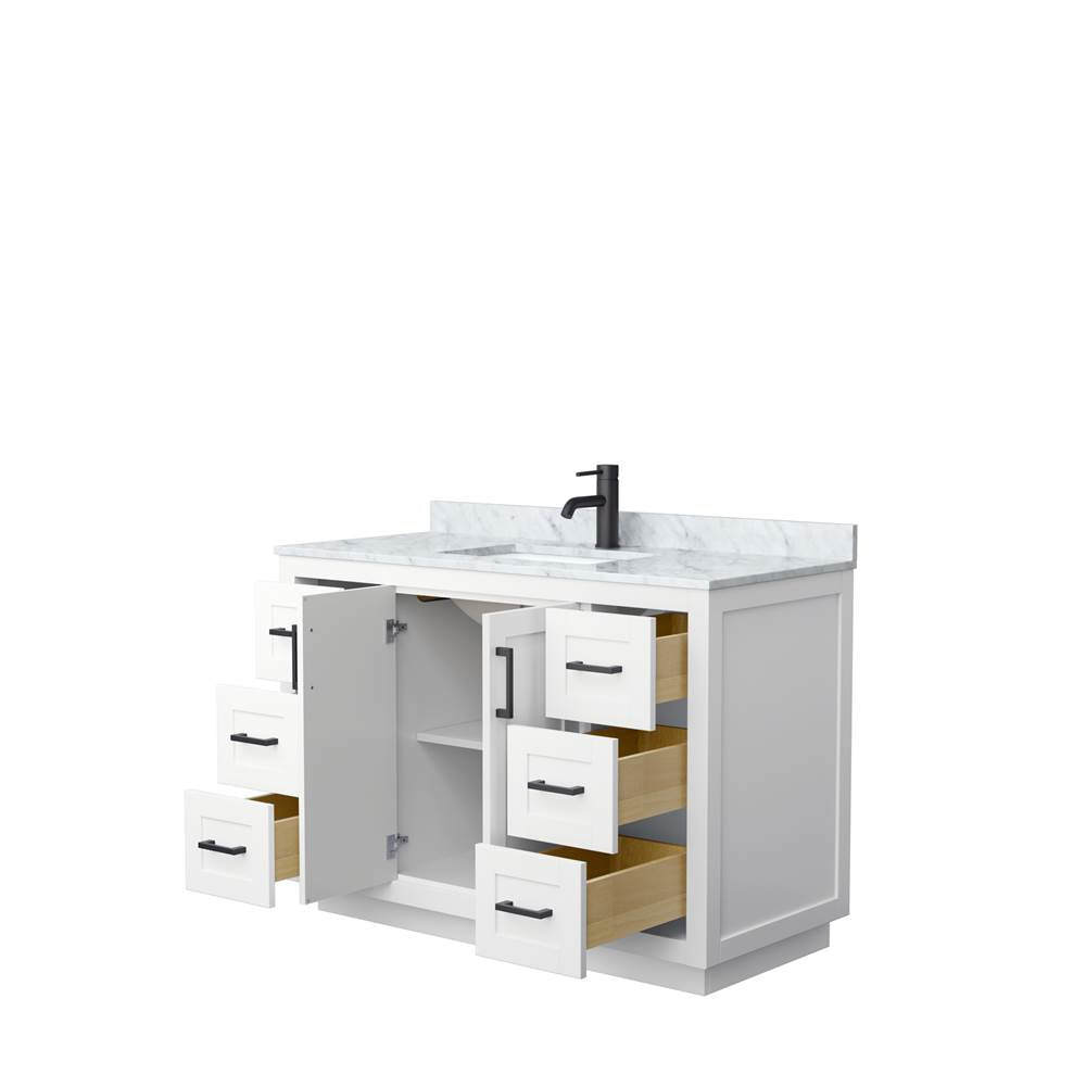 Miranda 48 Inch Single Bathroom Vanity in White, White Carrara Marble Countertop, Undermount Square Sink, Matte Black Trim