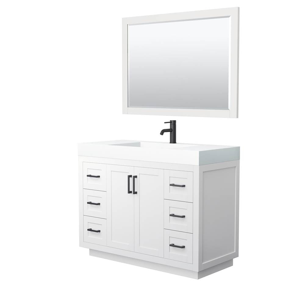 Wyndham Collection - Miranda 48 Inch Single Bathroom Vanity in White, 4 Inch Thick Matte White Solid Surface Countertop, Integrated Sink, Matte Black Trim, 46 Inch Mirror