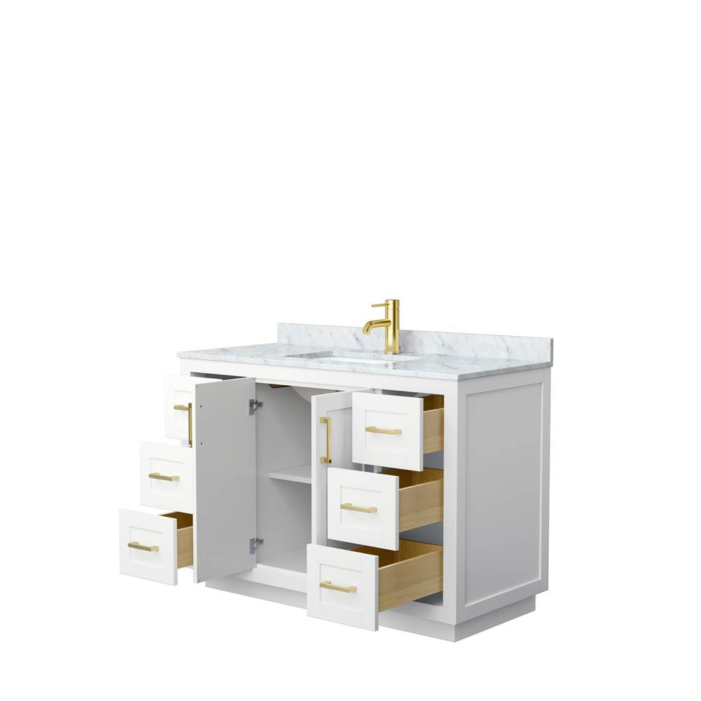 Miranda 48 Inch Single Bathroom Vanity in White, White Carrara Marble Countertop, Undermount Square Sink, Brushed Gold Trim