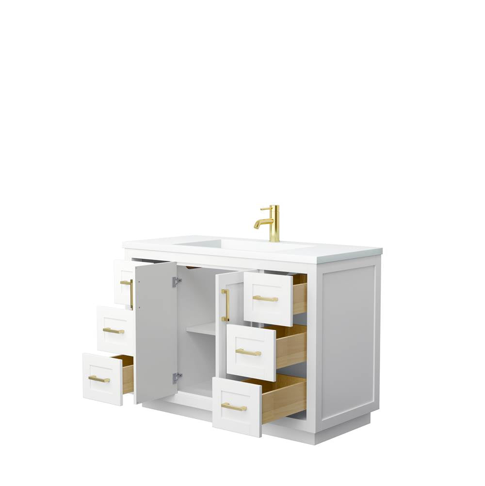 Miranda 48 Inch Single Bathroom Vanity in White, 1.25 Inch Thick Matte White Solid Surface Countertop, Integrated Sink, Brushed Gold Trim