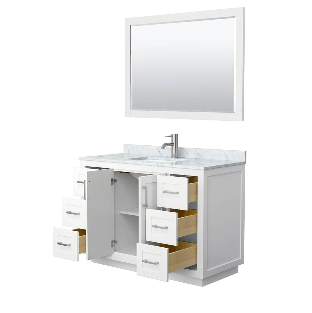 Miranda 48 Inch Single Bathroom Vanity in White, White Carrara Marble Countertop, Undermount Square Sink, Brushed Nickel Trim, 46 Inch Mirror