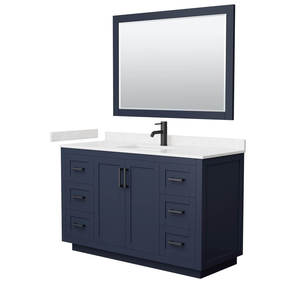 Wyndham Collection - Miranda 54 Inch Single Bathroom Vanity in Dark Blue, Carrara Cultured Marble Countertop, Undermount Square Sink, Matte Black Trim, 46 Inch Mirror
