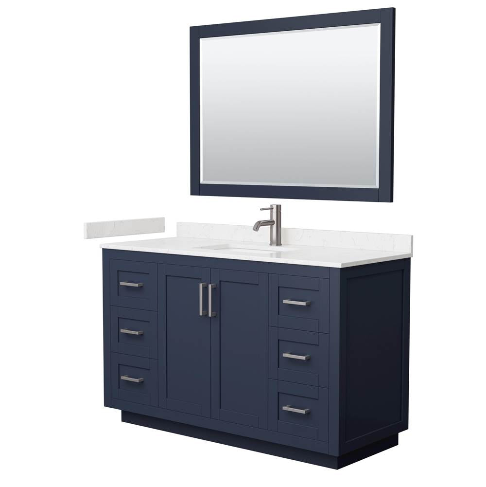 Wyndham Collection - Miranda 54 Inch Single Bathroom Vanity in Dark Blue, Carrara Cultured Marble Countertop, Undermount Square Sink, Brushed Nickel Trim, 46 Inch Mirror