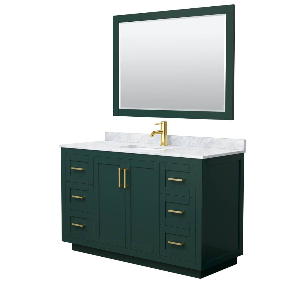Wyndham Collection - Miranda 54 Inch Single Bathroom Vanity in Green, White Carrara Marble Countertop, Undermount Square Sink, Brushed Gold Trim, 46 Inch Mirror
