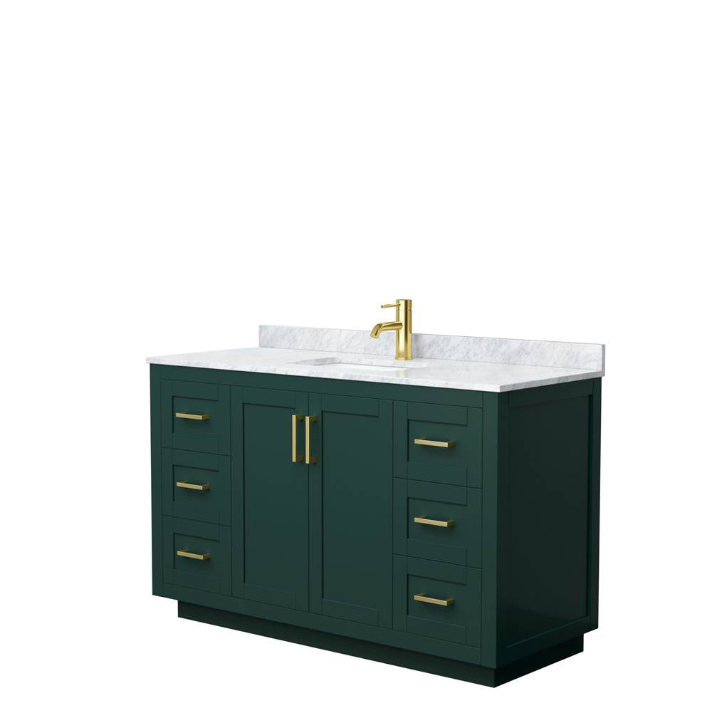 Wyndham Collection - Miranda 54 Inch Single Bathroom Vanity in Green, White Carrara Marble Countertop, Undermount Square Sink, Brushed Gold Trim