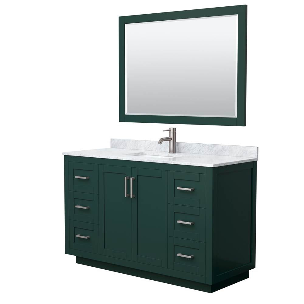 Wyndham Collection - Miranda 54 Inch Single Bathroom Vanity in Green, White Carrara Marble Countertop, Undermount Square Sink, Brushed Nickel Trim, 46 Inch Mirror