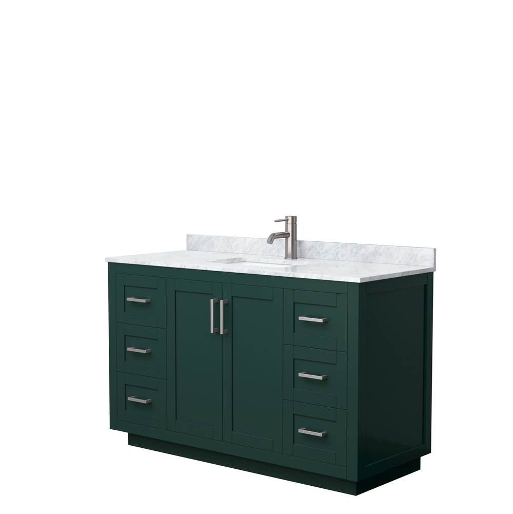 Wyndham Collection - Miranda 54 Inch Single Bathroom Vanity in Green, White Carrara Marble Countertop, Undermount Square Sink, Brushed Nickel Trim